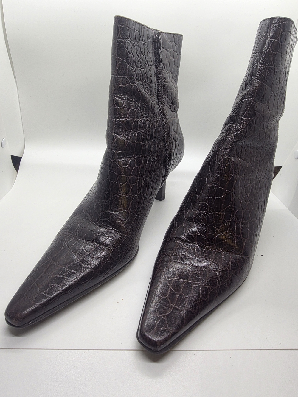 Ralph Lauren Dark Brown Croc-Embossed Pointed Toe Ankle Booties